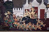 Detail of 'Ramakien' mural painting  - temple of the Emerald Buddha, Bangkok .  The scene shows the traditional arrangment of the war with elefant in southeast asia: a hero warrior in front followed  by an attendant in a howdah and the driver behind 